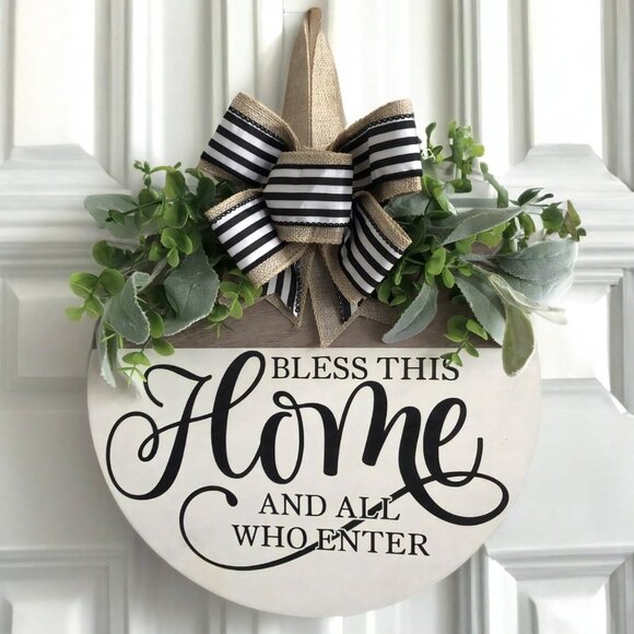 Welcome Sign for Front Door, Rustic Round Wood Wreaths Wall Hanging Outdoor Deco - Picture 1 of 8